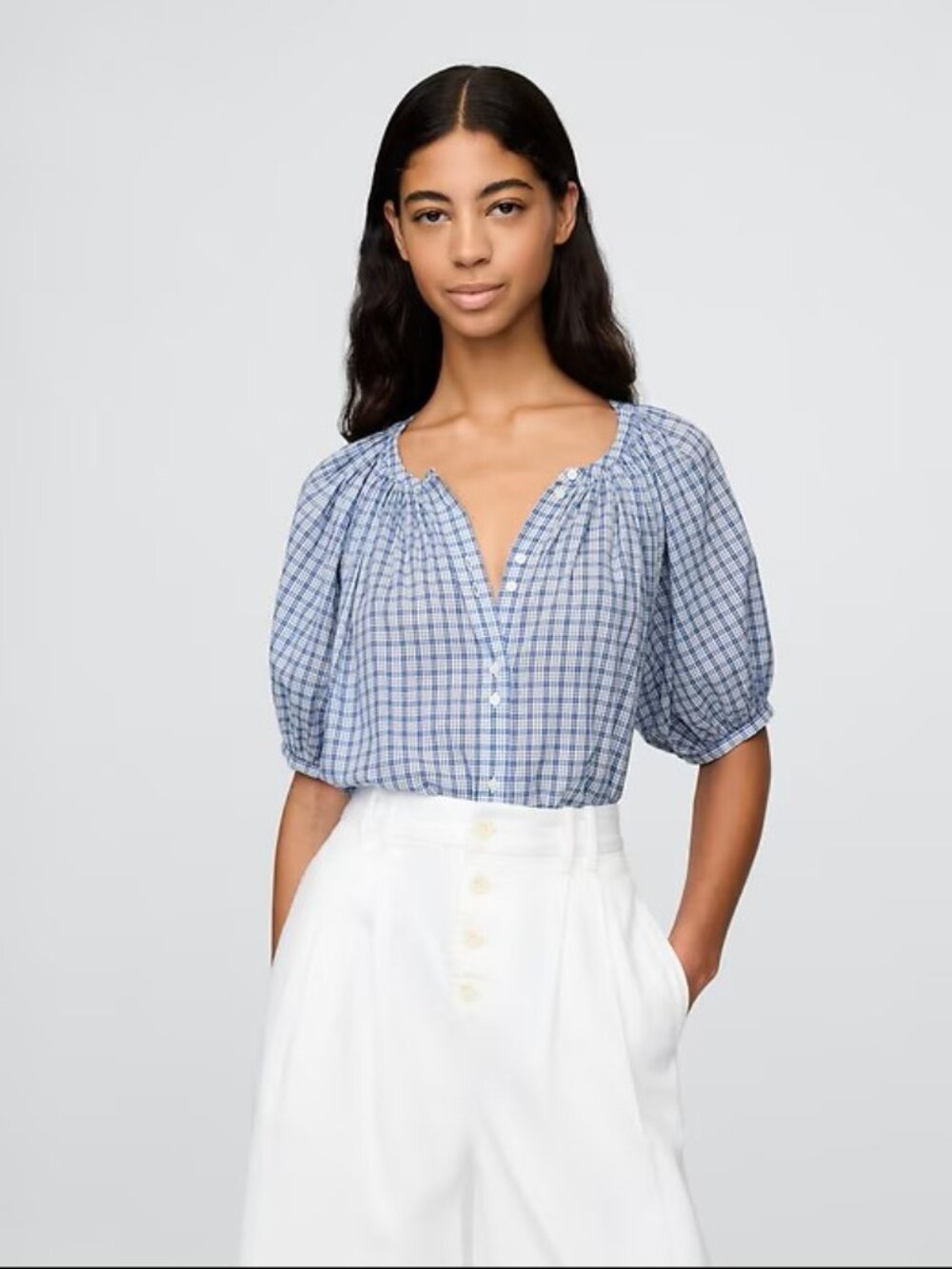 Gap x Doen Puffed Sleeve Blouse Blue & White Check Medium